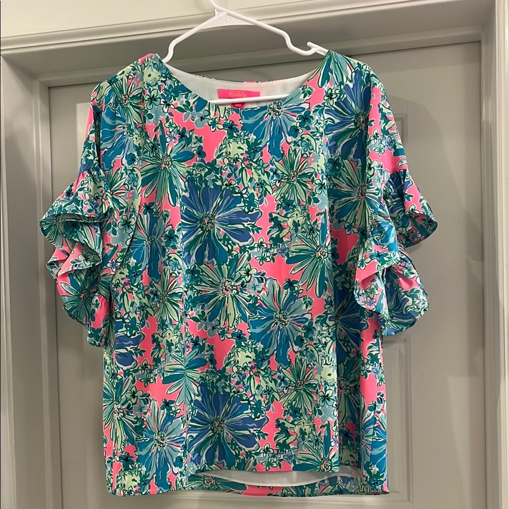 Floral Ruffle Sleeve Top - Pink and Green. Lilly Pulitzer size L. Never worn